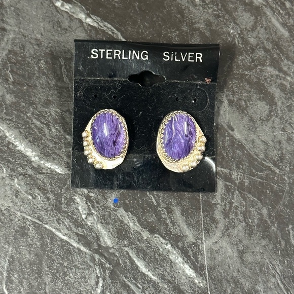Sterling Silver Earrings with Purple Stone - Picture 1 of 2